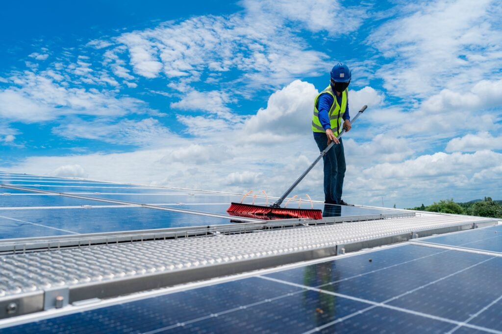 Solar roof cleaning, Professional technicians were washing and the surface of the solar panels