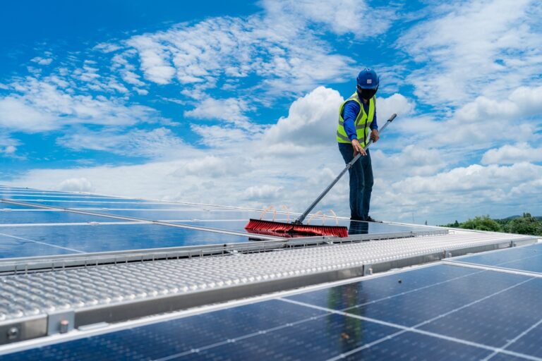 Solar roof cleaning, Professional technicians were washing and the surface of the solar panels