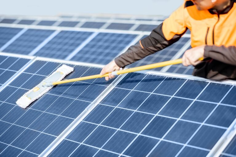 Workman cleaning solar panels