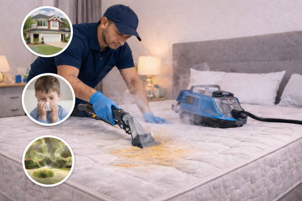 A professional technician steam cleaning a stained mattress to remove dirt, allergens, and bacteria during a mattress cleaning service.