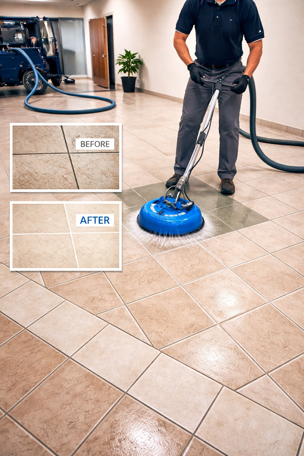 Professional technician using rotary machine for tile and grout cleaning with before and after comparison.