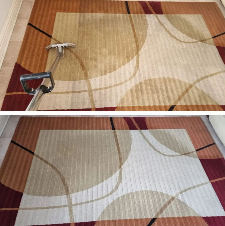 Before and after professional rug cleaning showing dirt removal