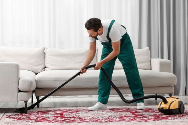 Professional rug cleaning using vacuum cleaner in living room