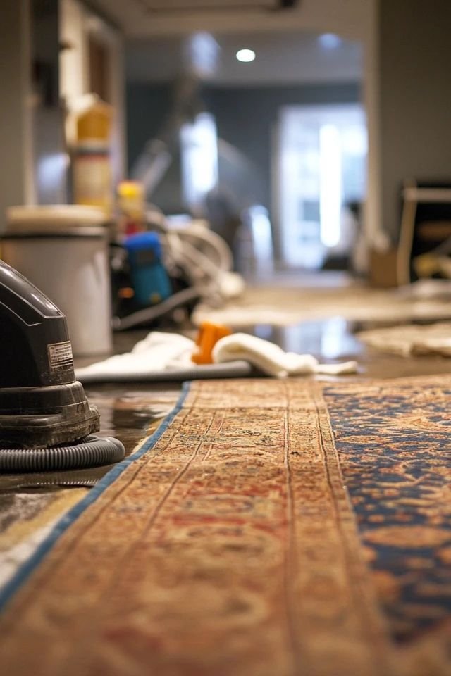 A professional rug and carpet cleaning machine removes dirt from a traditional area rug during a deep cleaning service.