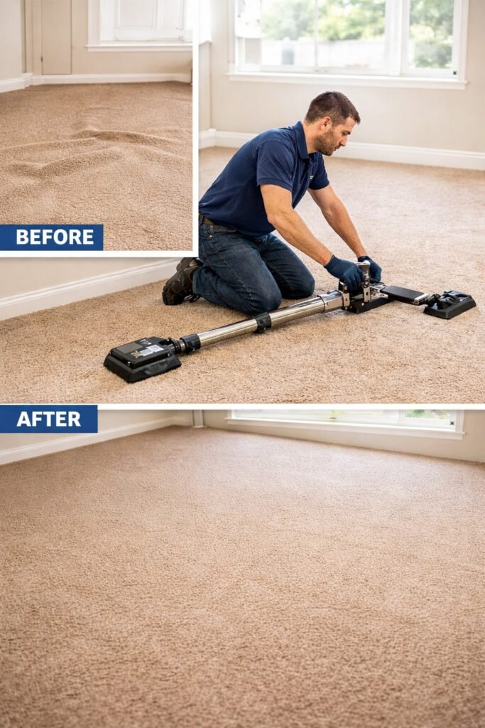 Before and after professional carpet cleaning showing technician using a carpet cleaning machine to deep clean residential carpet.