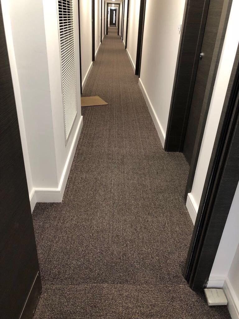 The office corridor features a newly re-stretched commercial hallway carpet with clean and professional carpet finishing.