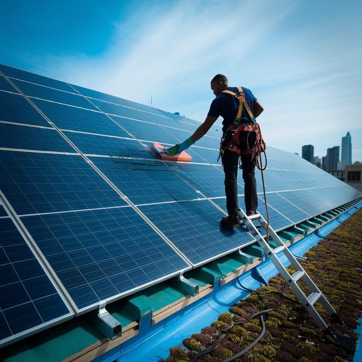 Technician cleaning rooftop solar panels using safety harness and professional equipment