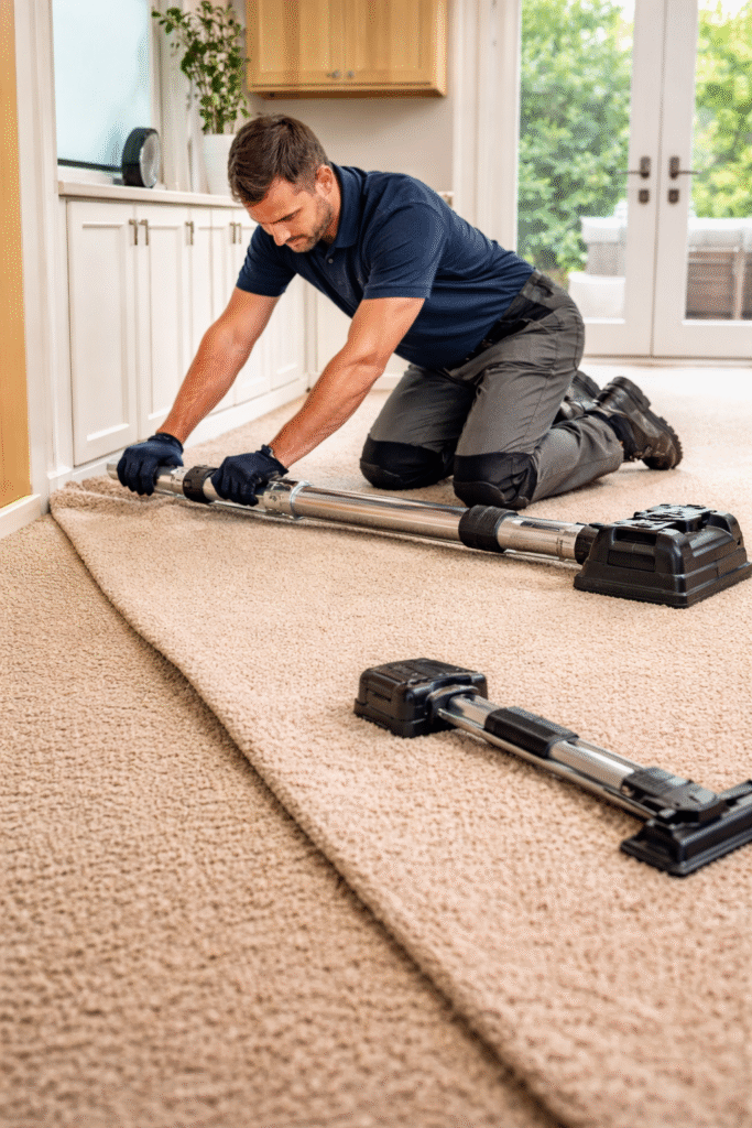 Professional technician using power stretcher tool to remove wrinkles during a carpet re-stretching service in residential home.