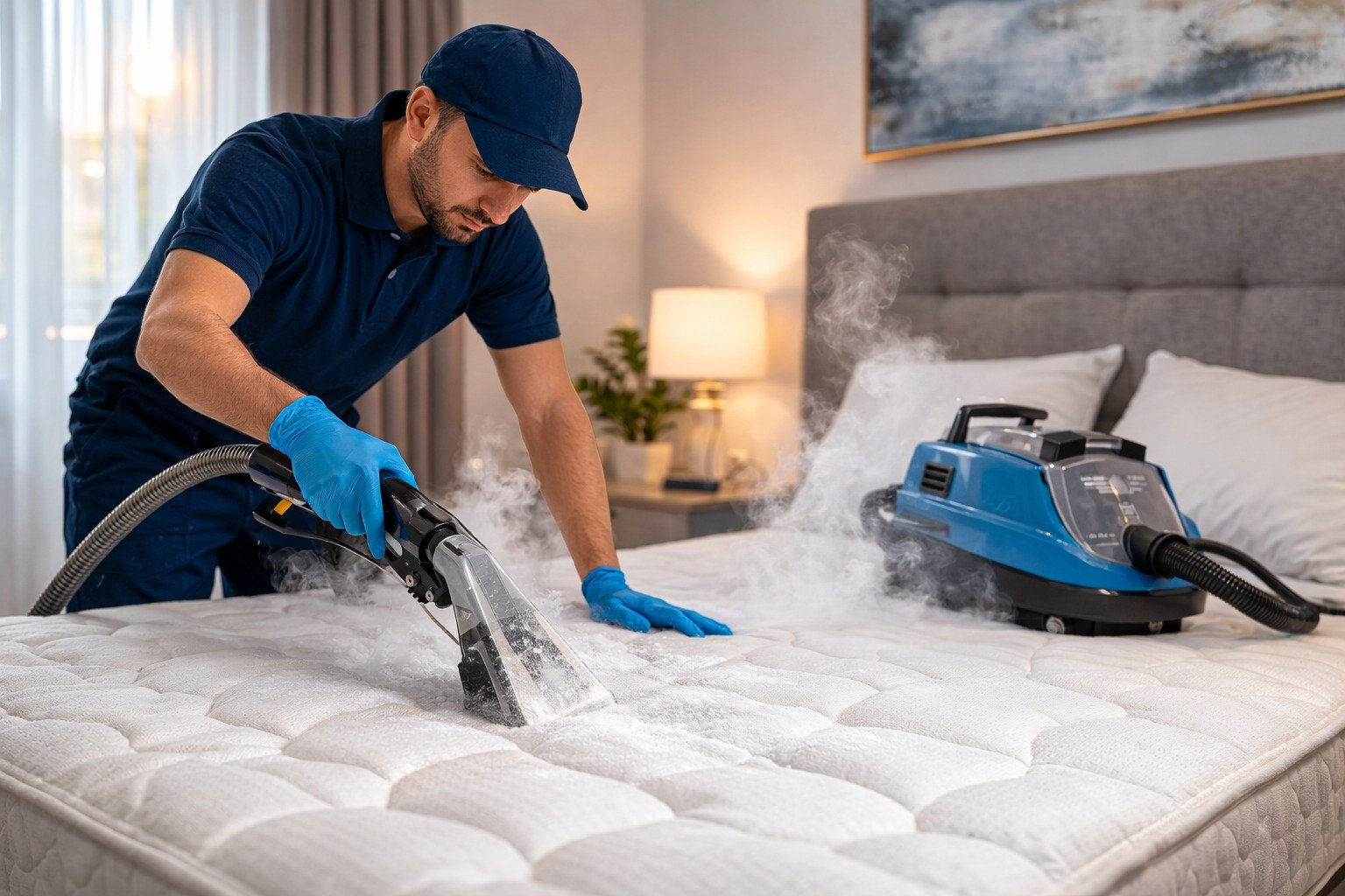 Professional technician performing steam mattress cleaning using extraction machine to remove dust and allergens.