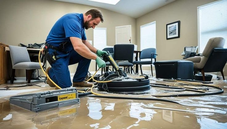 Technician performing water extraction during flood damage restoration