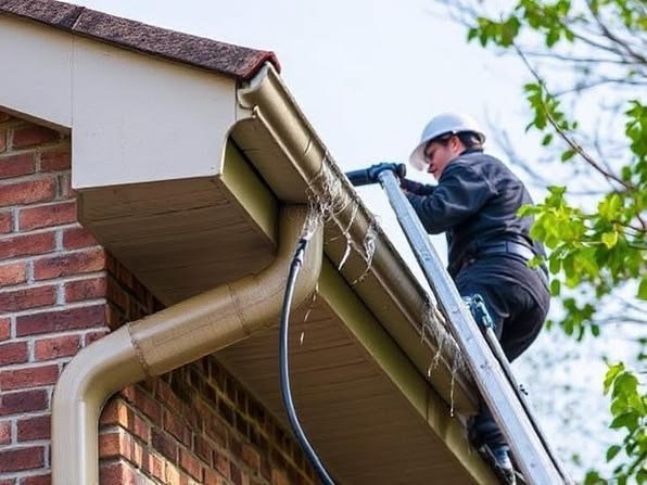 A worker is on a ladder cleaning the house gutters using professional gutter cleaning equipment.