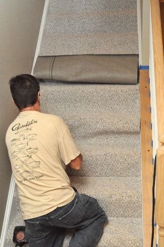 Carpet installation on staircase by professional installer