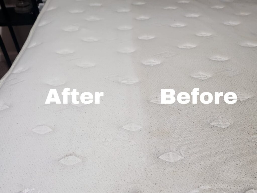 Before and after mattress cleaning showing removal of dirt and stains from mattress surface.