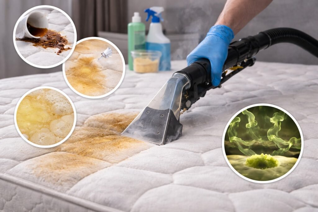 Professional mattress steam cleaning removes stains, bacteria, and dirt from the mattress surface.