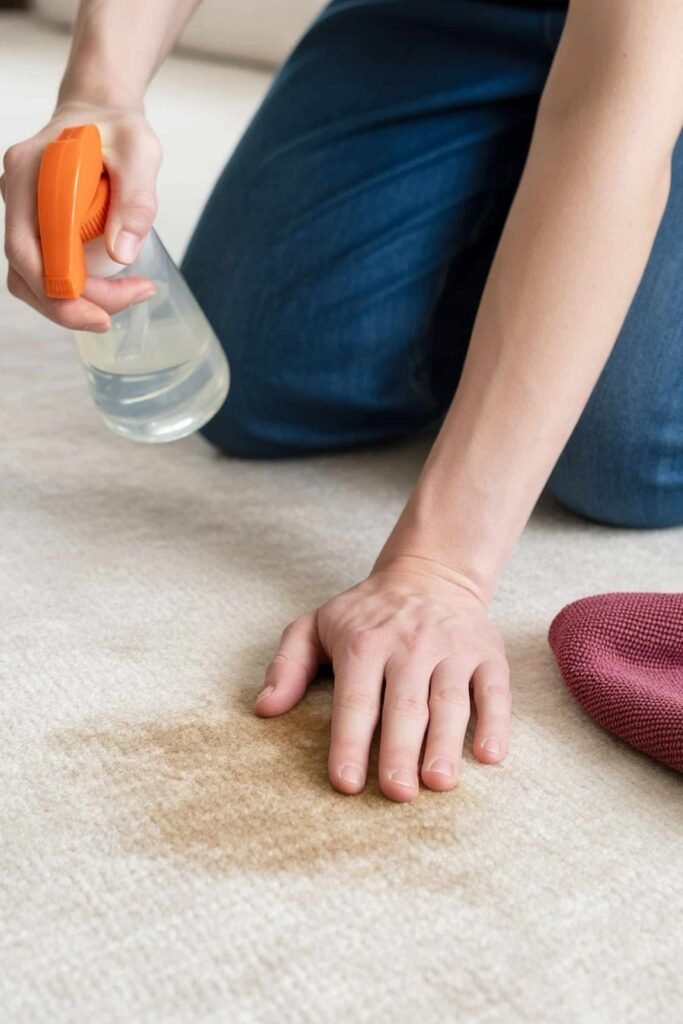 Carpet stain treatment using cleaning spray on residential carpet