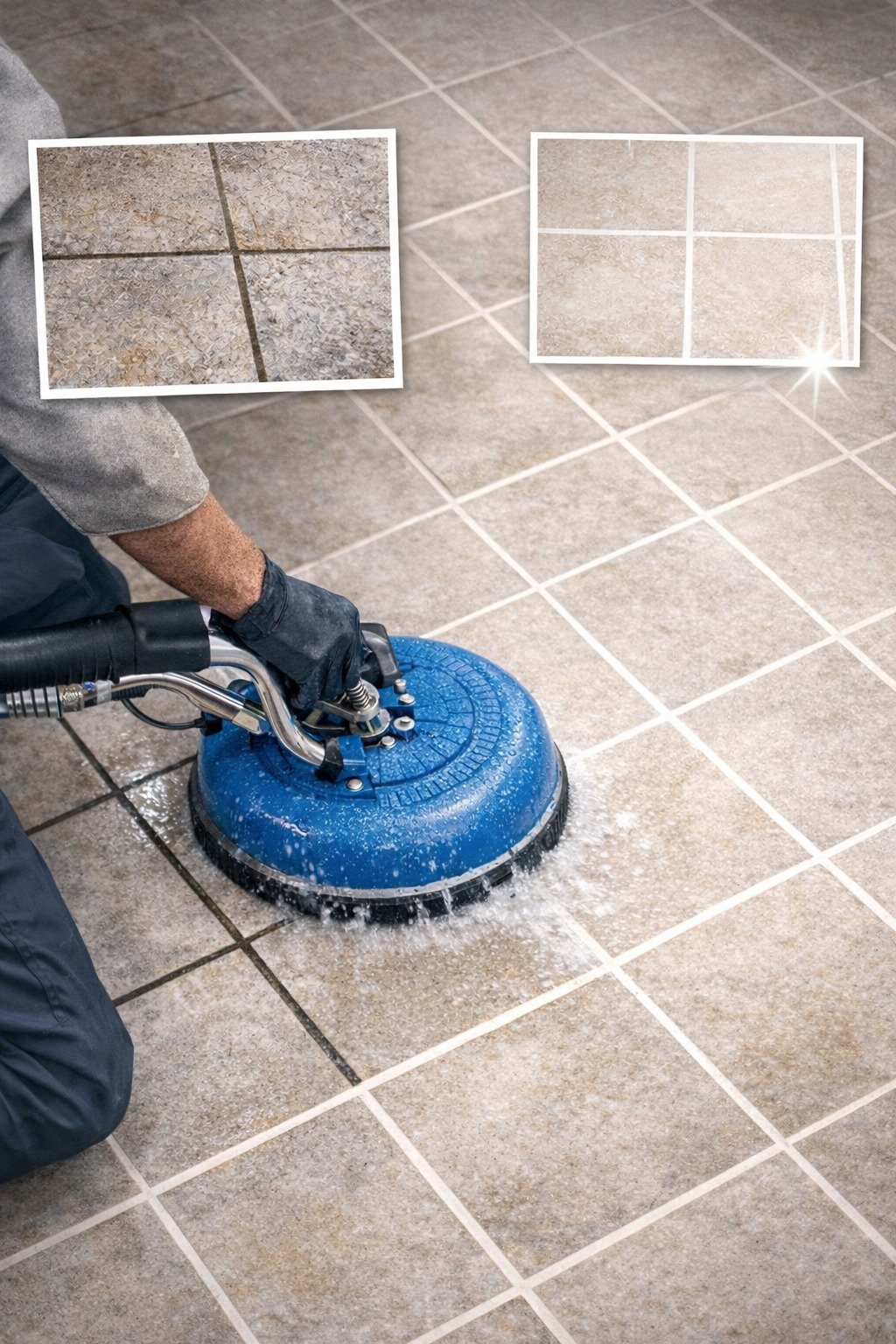 We provide professional tile and grout cleaning using a high-pressure rotary floor scrubber to restore dirty tiled floors.