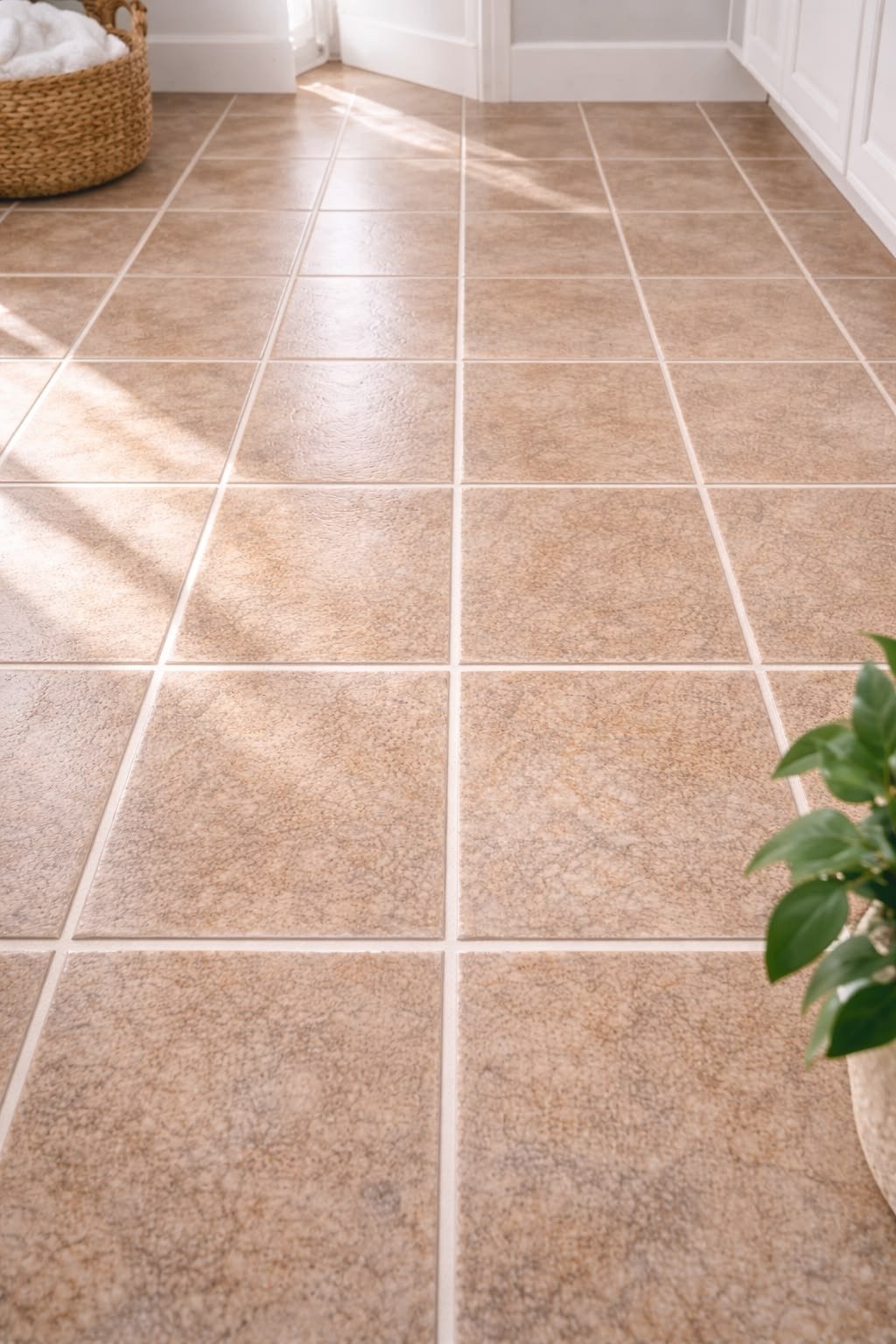 Clean beige tile floor with bright grout lines after professional tile cleaning service.