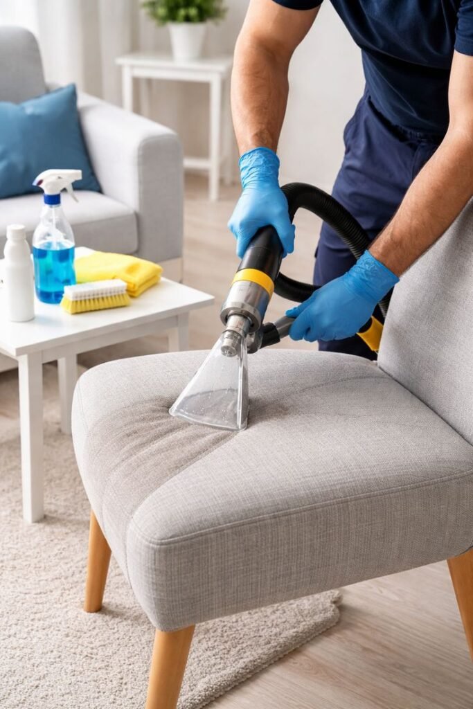 Professional upholstery cleaning technician using steam extraction tool to clean fabric chair