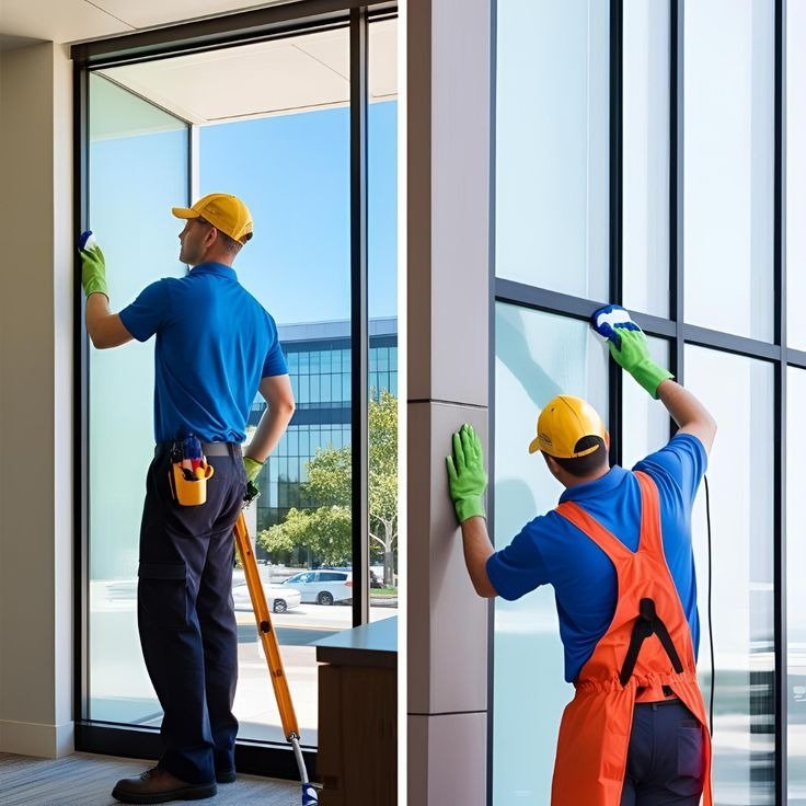 Professional Window Cleaning Service In Melbourne Cleaning Large Glass Windows With Squeegee
