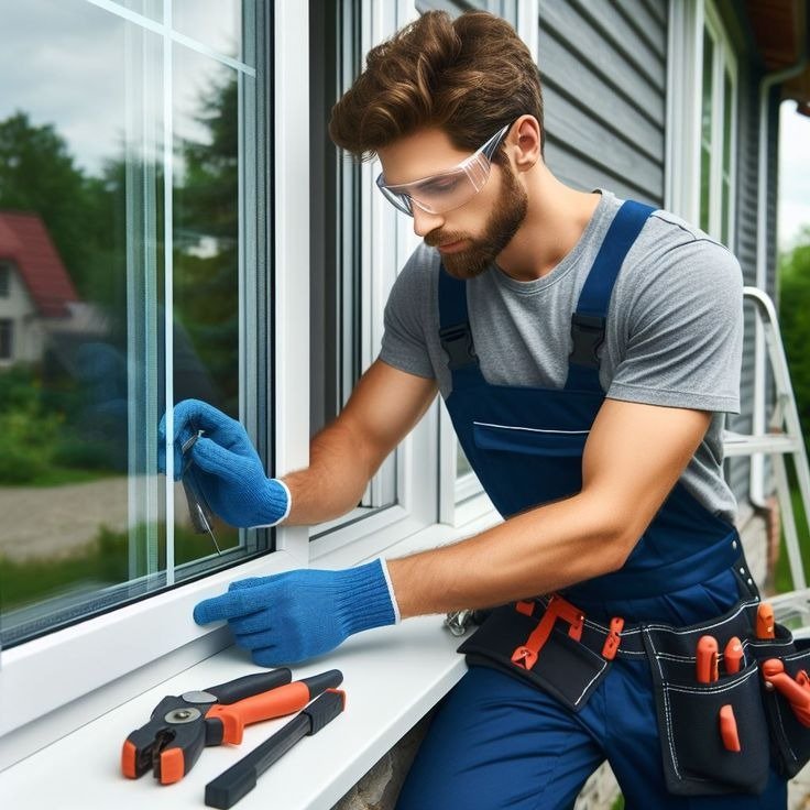 Professional Window Cleaner Cleaning Residential Glass Window In Melbourne Using Squeegee Tool