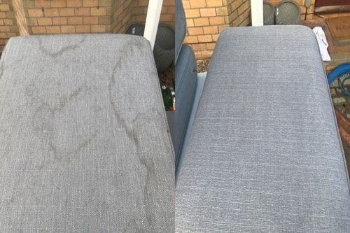 Before and after upholstery cleaning showing stain removal on fabric surface