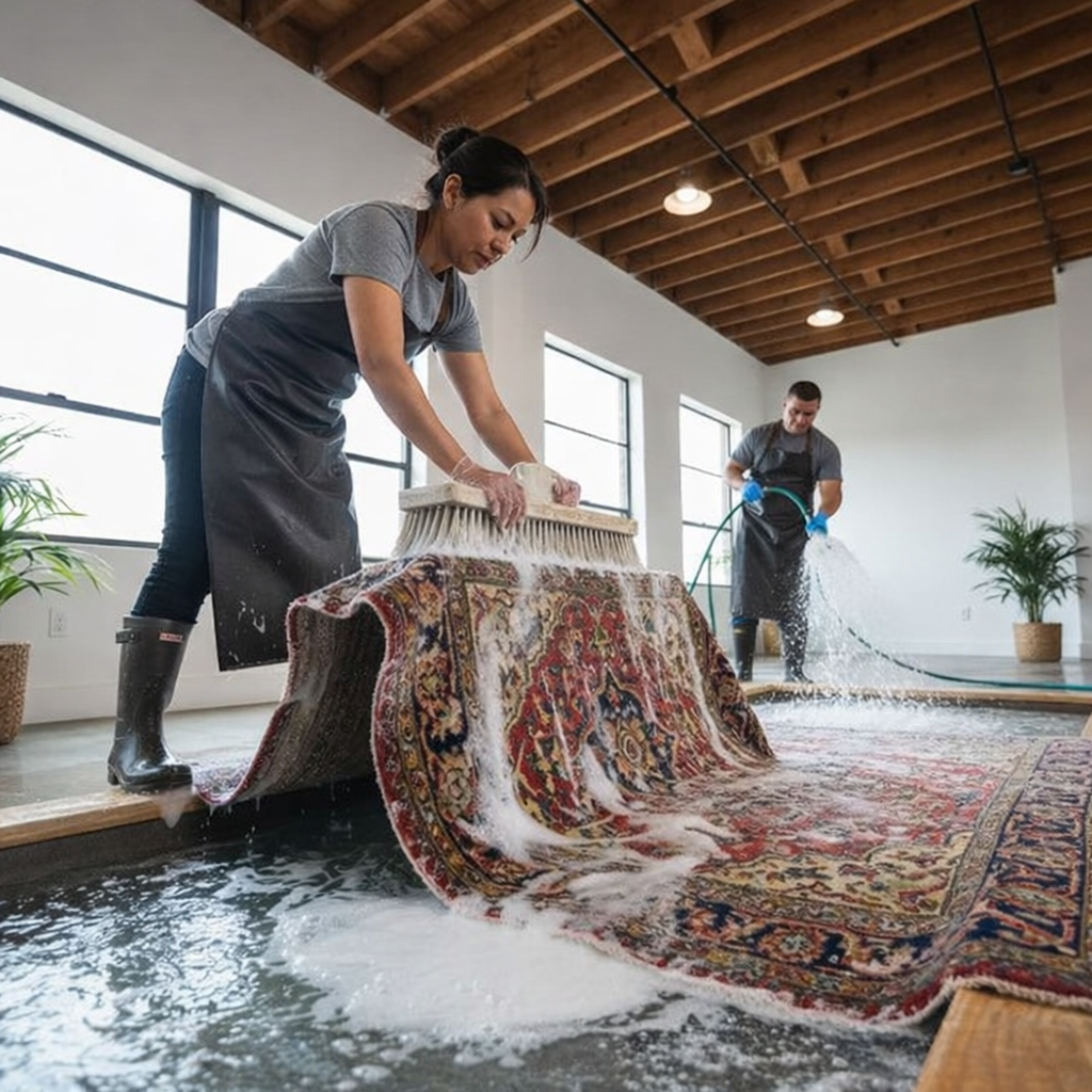 Professional rug hand washing process removing dirt and stains from rug in Melbourne facility
