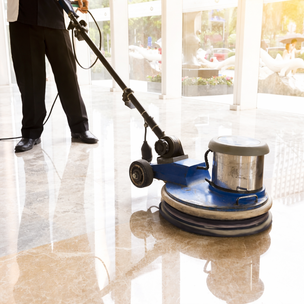 Professional marble floor polishing machine cleaning and restoring shiny floor in Melbourne