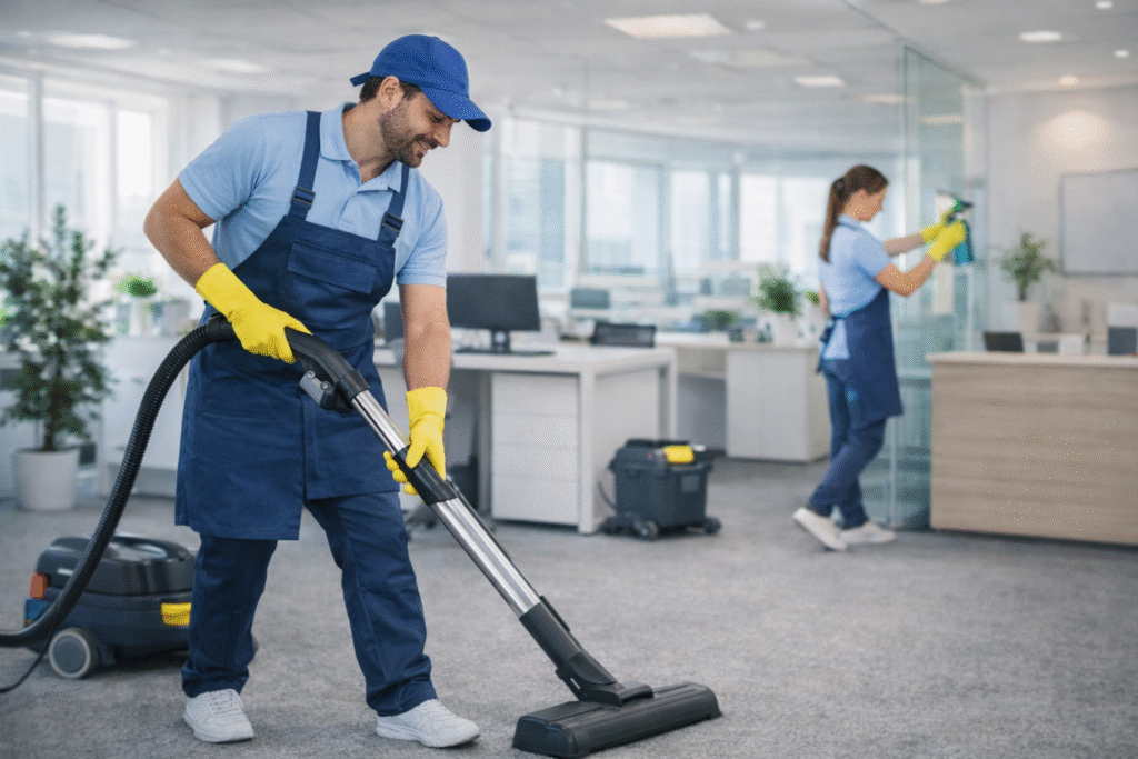 Commercial cleaning services in Melbourne with professional cleaners vacuuming office carpet and sanitising workspace
