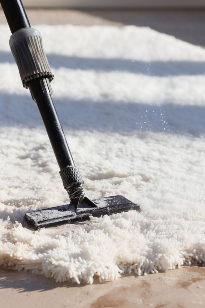Professional rug cleaning using vacuum extraction on soft white rug in Melbourne