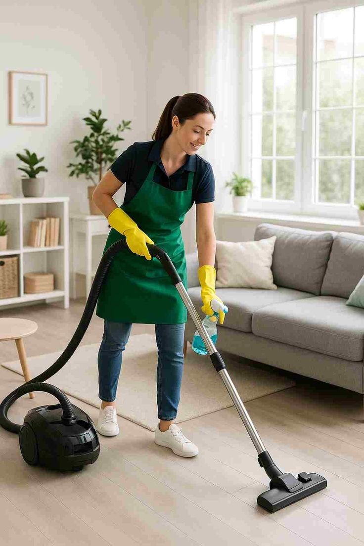 Professional home cleaning with vacuum and disinfectant in modern living room