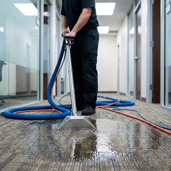 Professional flood damage restoration service cleaning water from carpet in Melbourne office