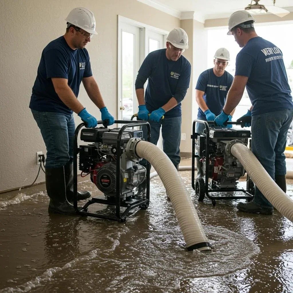 Flood damage restoration team removing water using extraction equipment indoors