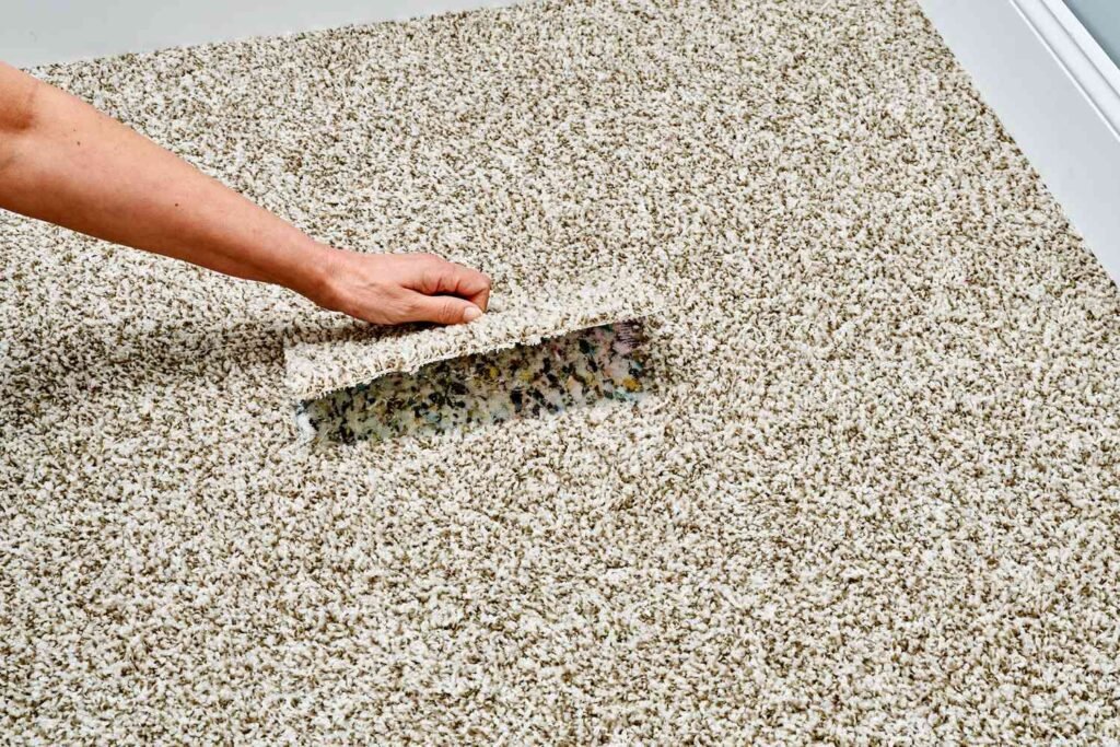 Carpet patch repair showing lifted section to replace damaged area