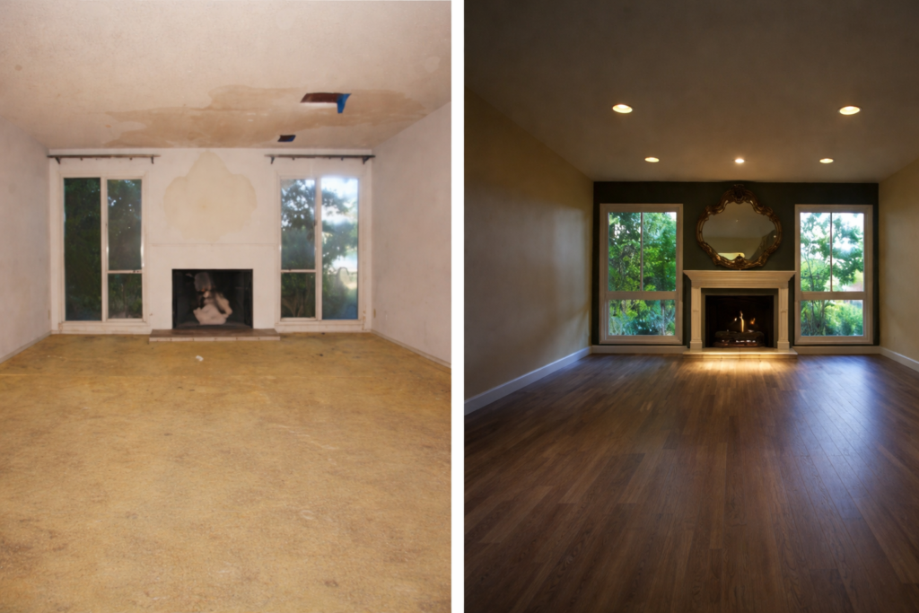 Before and after flood damage restoration showing water-damaged room and fully restored interior in Melbourne