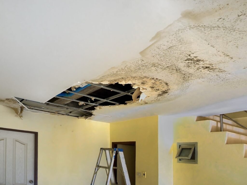 Severe water damage to the ceiling with mould and structural damage inside home