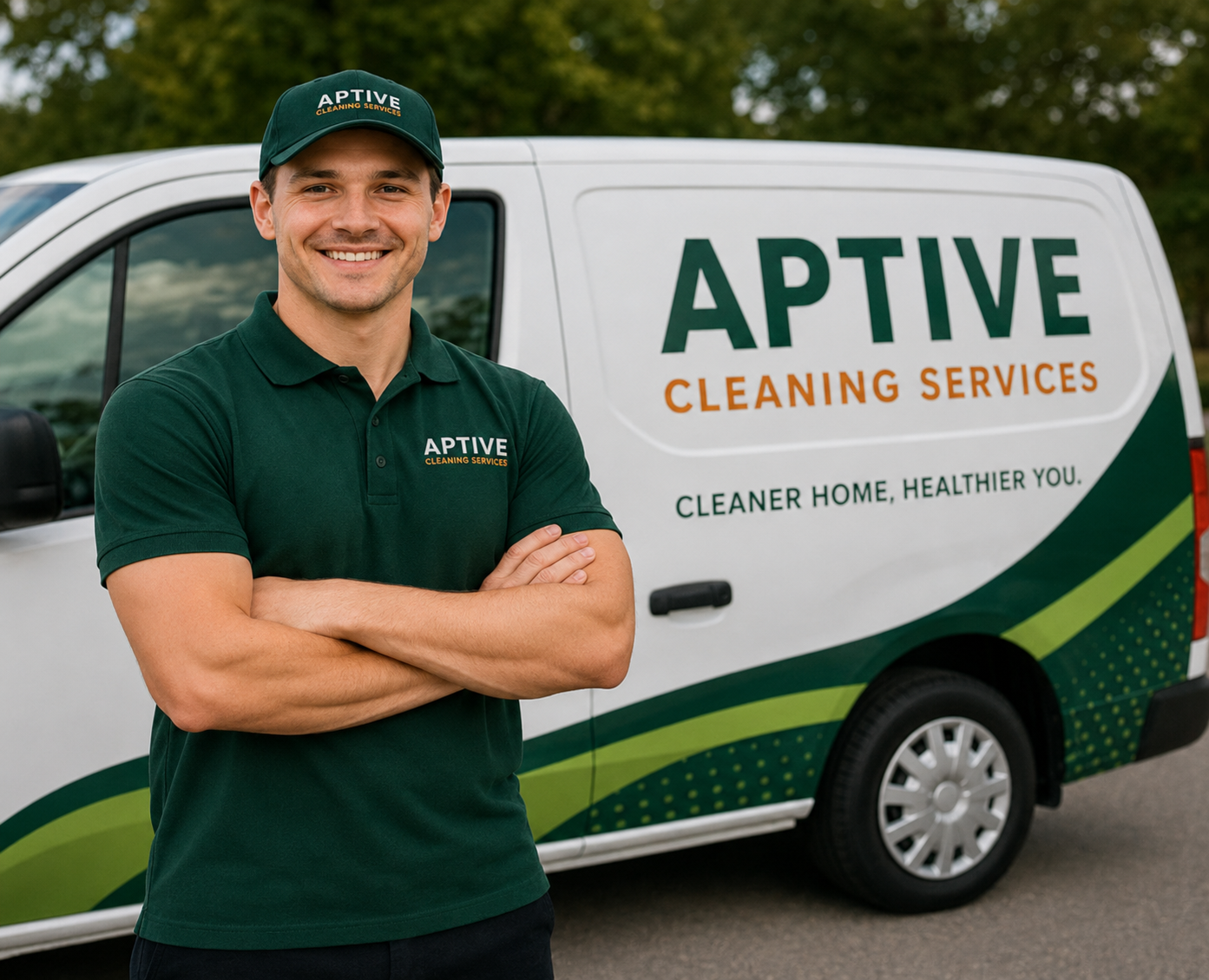 Aptive Cleaning Services technician standing in front of a branded service van, ready to deliver professional residential and commercial cleaning services across Melbourne.