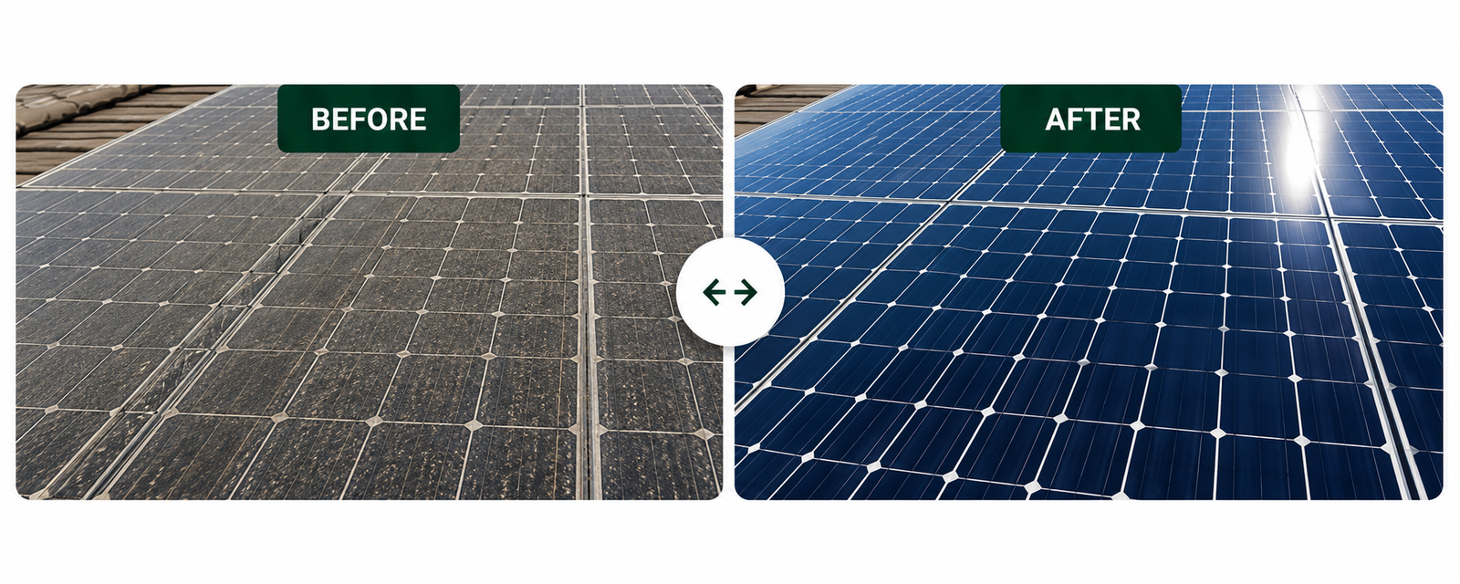 Before and after comparison of rooftop solar panels showing the removal of dust, dirt, and grime through professional solar panel cleaning for improved efficiency and performance.