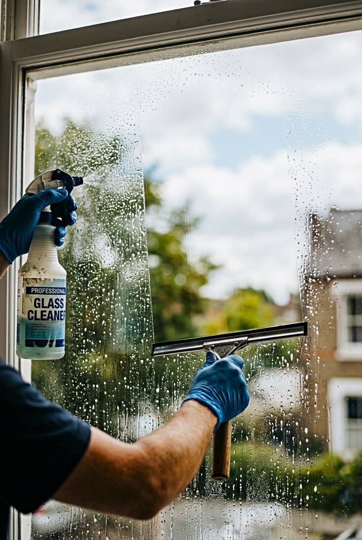 Professional Window Cleaning Services Melbourne technician cleaning residential glass windows with a squeegee and glass cleaner for a streak-free finish.