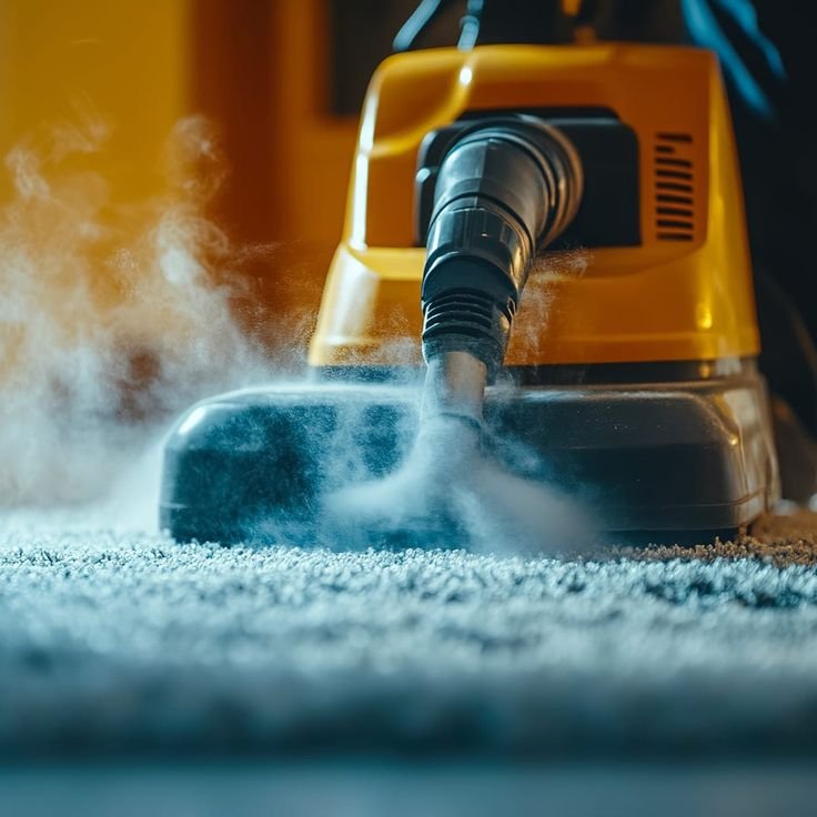 Close-up of a professional carpet steam cleaning machine using hot water extraction to deep clean carpet fibres, removing embedded dirt, stains, allergens, bacteria, and dust for a healthier indoor environment in Melbourne.