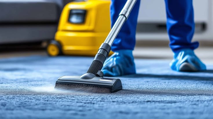 Professional carpet steam cleaning in progress using a hot water extraction machine to deep clean a blue carpet inside a modern Melbourne home, removing embedded dirt, dust, allergens, and stains for a healthier indoor environment.
