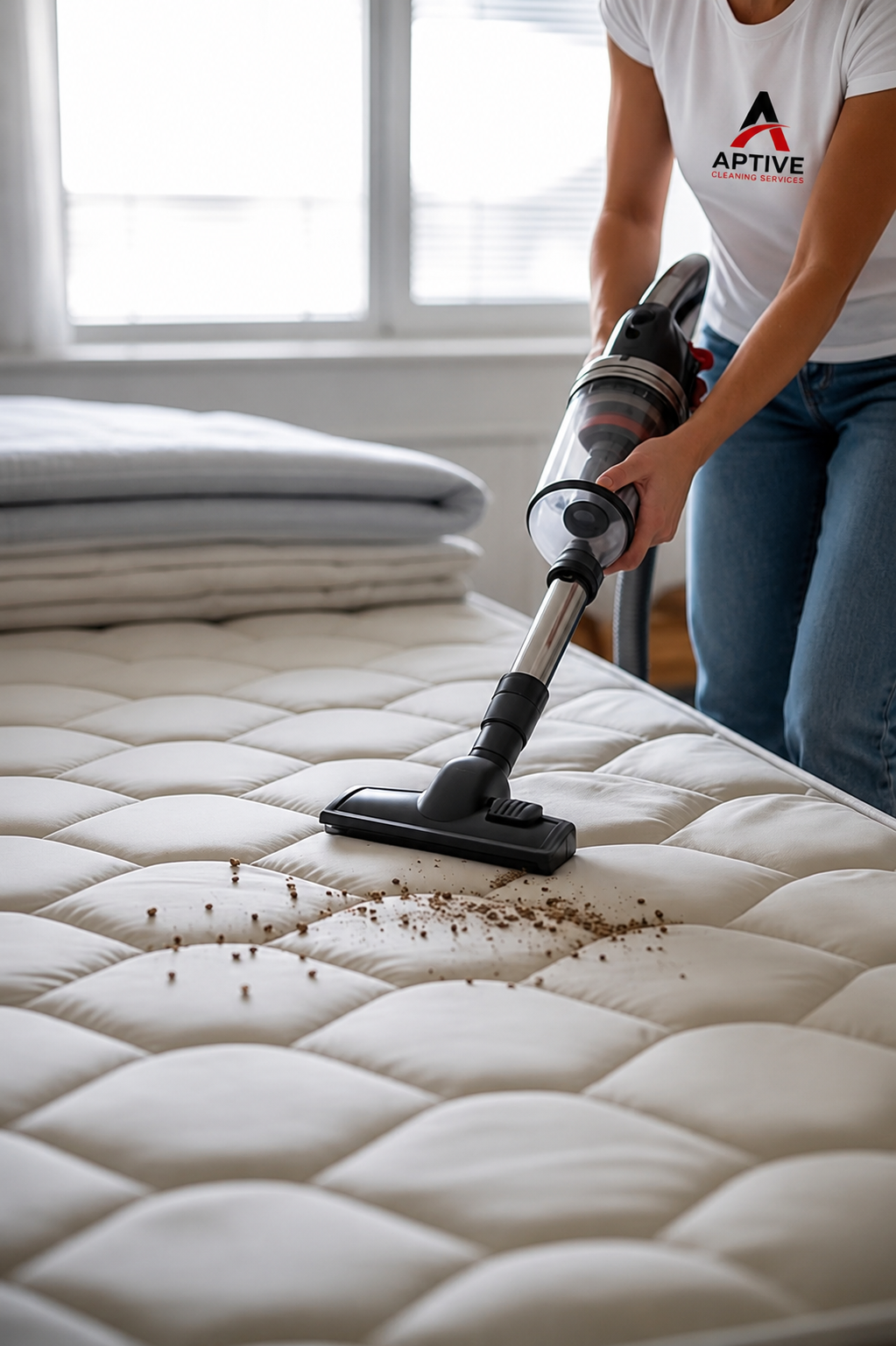 Aptive Cleaning Services technician performing professional mattress cleaning in a Melbourne home using advanced vacuum equipment to remove dust and allergens.