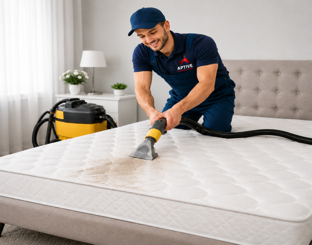 Aptive Cleaning Services technician performing professional mattress cleaning with advanced extraction equipment in a Melbourne home to remove stains, dust, and allergens.