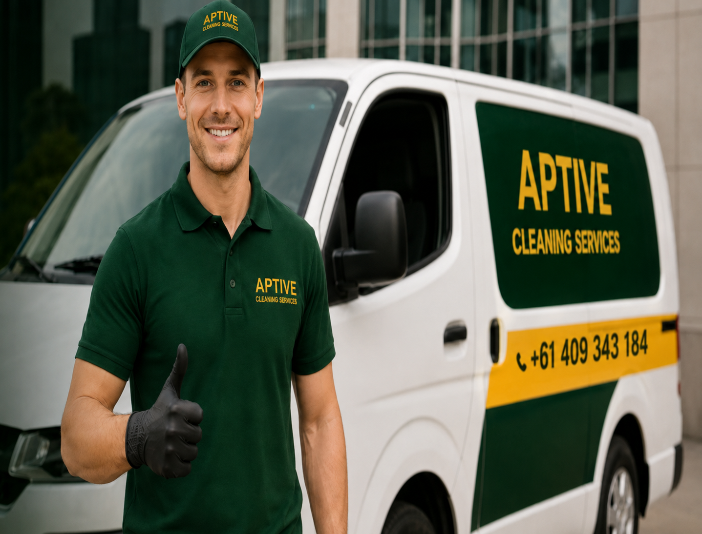 Aptive Cleaning Services technician standing beside a branded service van, giving a thumbs-up while ready to provide professional cleaning services for homes and businesses in Melbourne.