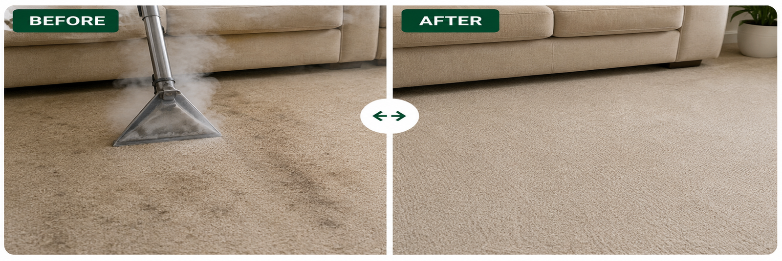 Before and after carpet steam cleaning comparison showing heavily soiled carpet transformed into a fresh, stain-free carpet using professional hot water extraction cleaning.