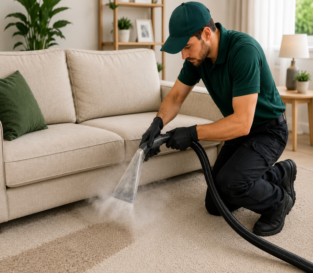Professional carpet steam cleaning technician using hot water extraction equipment to deep clean a residential carpet, removing dirt, stains, allergens, and bacteria.