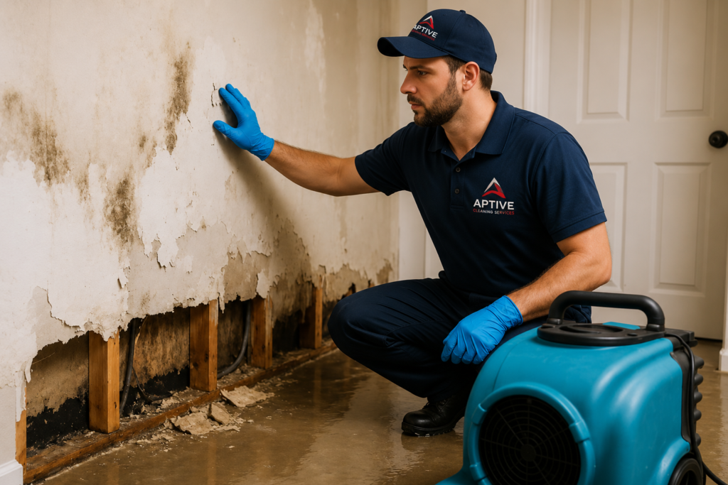 Professional technician inspecting mould and water-damaged walls during Flood Damage Restoration Services Melbourne, assessing moisture damage and preparing for structural drying and restoration.