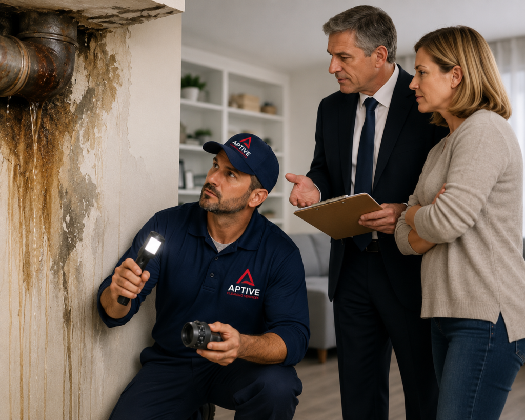Professional technician inspecting severe water damage from a leaking pipe during Flood Damage Restoration Services Melbourne, assessing moisture, structural damage, and restoration requirements with homeowners.