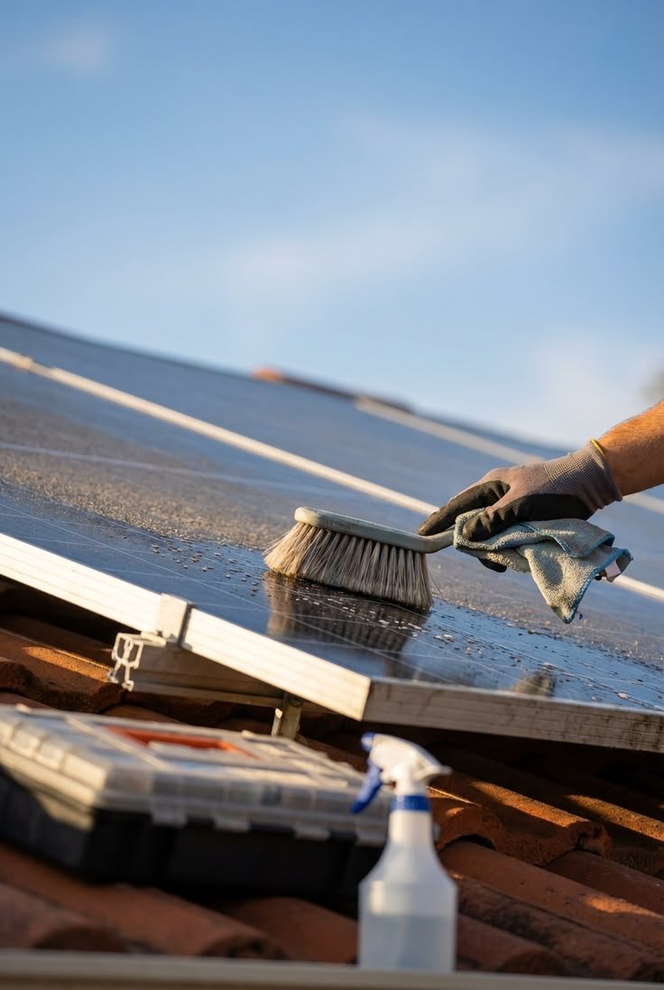 Professional technician cleaning rooftop solar panels with a soft brush to remove dust, dirt, and debris, helping improve solar energy efficiency and system performance.