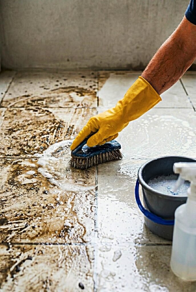 Professional tile and grout cleaning in progress, showing the removal of stubborn dirt, grime, and stains from ceramic floor tiles using a scrub brush and eco-friendly cleaning solution.