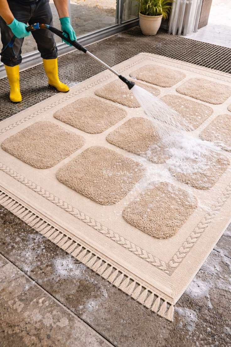 Professional technician washing an area rug using specialised cleaning equipment to remove dirt, stains, allergens, and embedded debris.